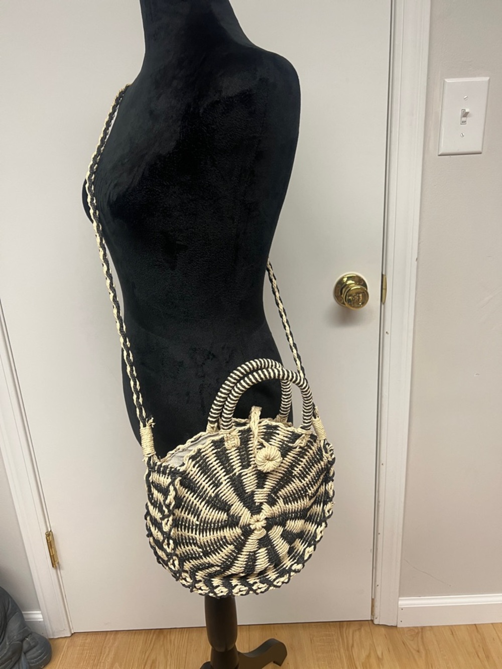Sole Society Black & Cream Woven Round Crossbody Tote